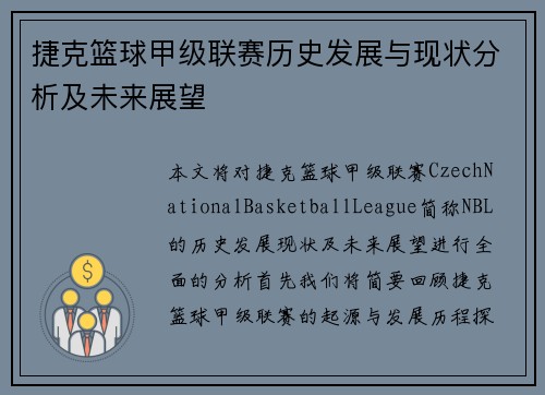 捷克篮球甲级联赛历史发展与现状分析及未来展望
