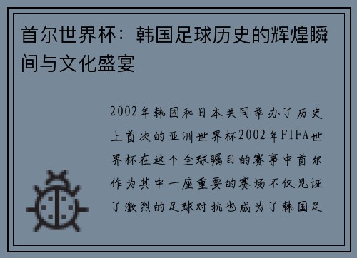 首尔世界杯：韩国足球历史的辉煌瞬间与文化盛宴